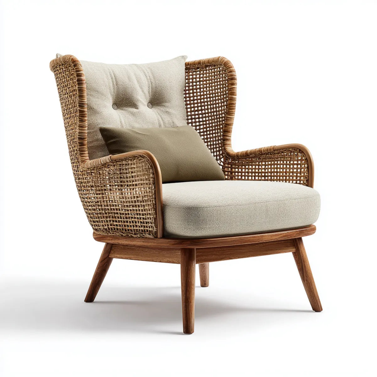 Fotel w salonie z wysokim beżowym i brązowym 78 x 82 x 102 cm w rattanie i litym drewnie w kształcie otoczki