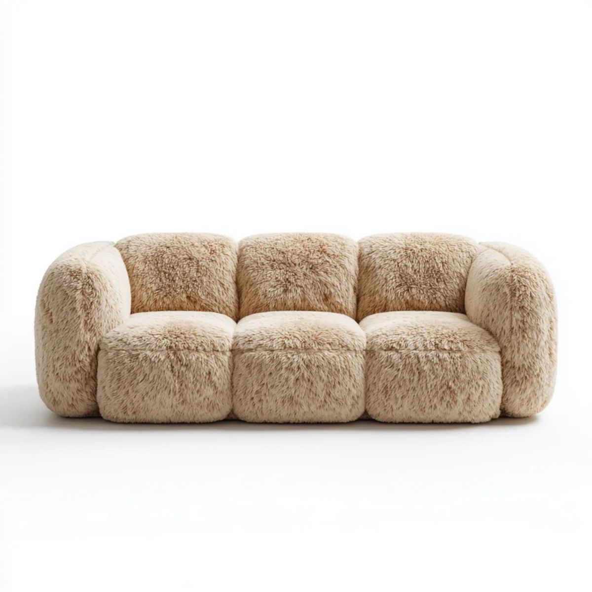 Sofa, Beżowa sofa w poliestrowym futrze efekt, 230 x 95 x 75 cm, zaokrąglony kształt
