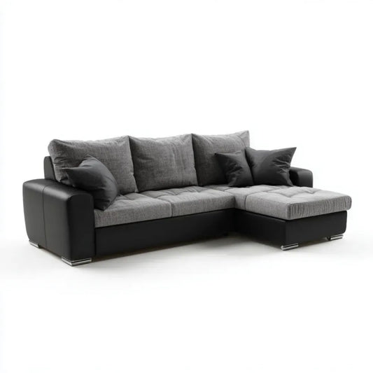 Sofa, Fotelik 3-osobowy fotel w kolorze czarnym i szarym L wykonany ze skóry poliuretanowej i poliestrowej, 250 x 160 x 85 cm