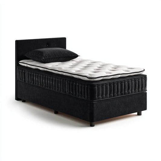 Łóżko pojedyncze, Czarne łóżko jednoosobowe z podstawą sprężynowego materaca ze sprężynami insached i surmatelas 90 x 190 cm w prostokątnym aksamicie poliestrowym