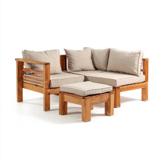 Sofa ogrodowa, 3 części narożniki meble ogrodowe w litej beżowej akacji z podnóżkiem 180 x 180 x 70 cm