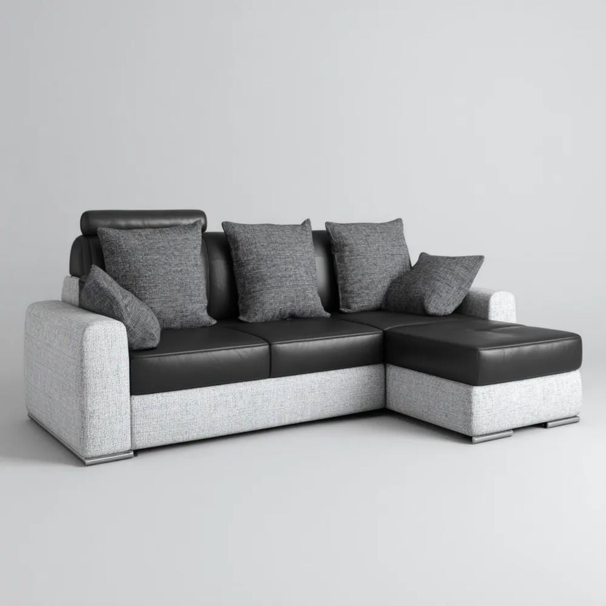 Sofa, 3-osobowa sofa solarna szara i czarna w poliestrze i syntetyczna skóra poliuretanowa PU 230 x 150 x 85 cm z szezlongiem w prawo