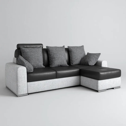 Sofa, 3-osobowa sofa solarna szara i czarna w poliestrze i syntetyczna skóra poliuretanowa PU 230 x 150 x 85 cm z szezlongiem w prawo