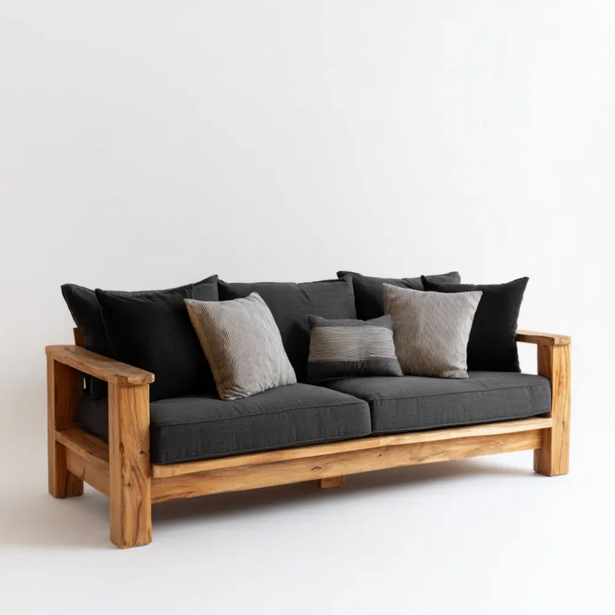 Sofa, 3-osobowa sofa czarny w litego drewna i poliestru, 200 x 85 x 78 cm