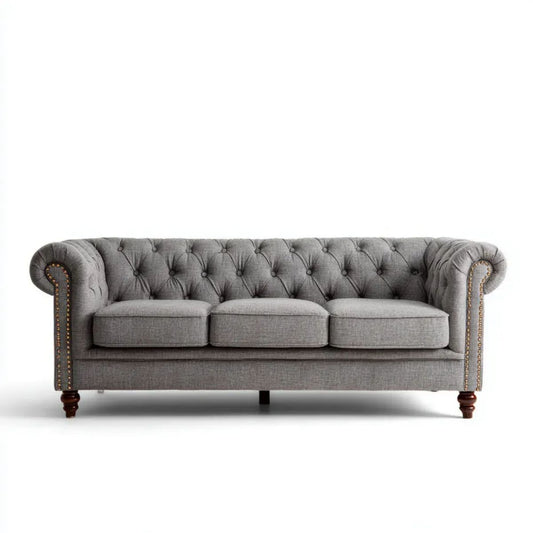 Sofa, Chesterfield Brighting 3-osobowa poliestrowy Brighroy z ciemnobrązowymi nóżkami, 220 x 90 x 75 cm