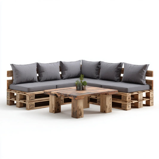 Sofa ogrodowa, Meble ogrodowe w paletach kąt szary i naturalny 240 x 240 cm w sosnie stałej z prostokątnym stołem kawowym