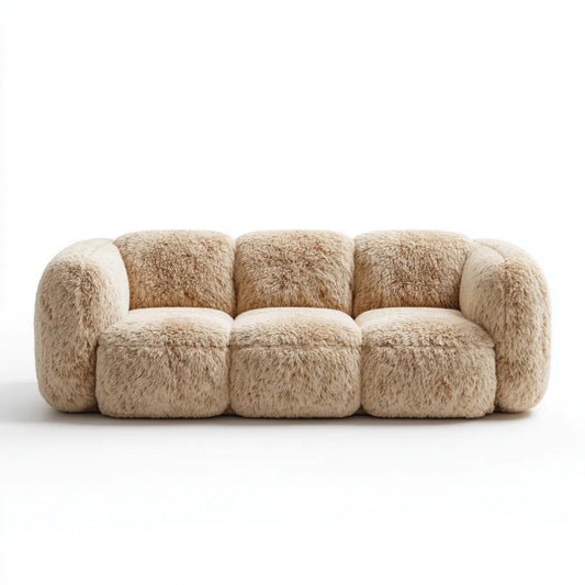 Sofa, Beżowa sofa w poliestrowym futrze efekt, 230 x 95 x 75 cm, zaokrąglony kształt